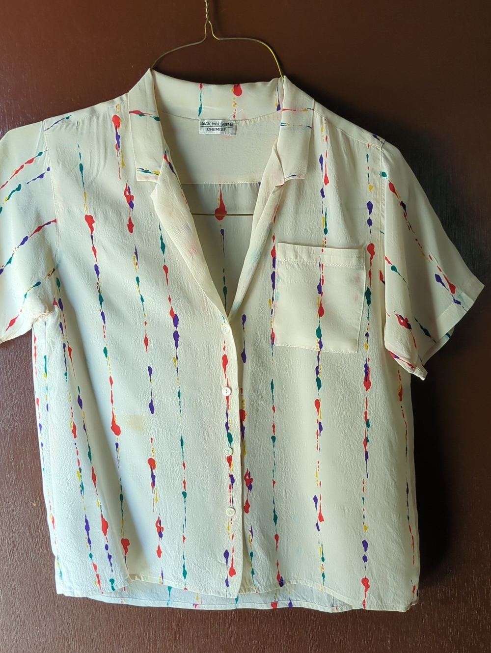 Casual Ivory Short-Sleeve Shirt with Multi-Color Paint Stripe Size M